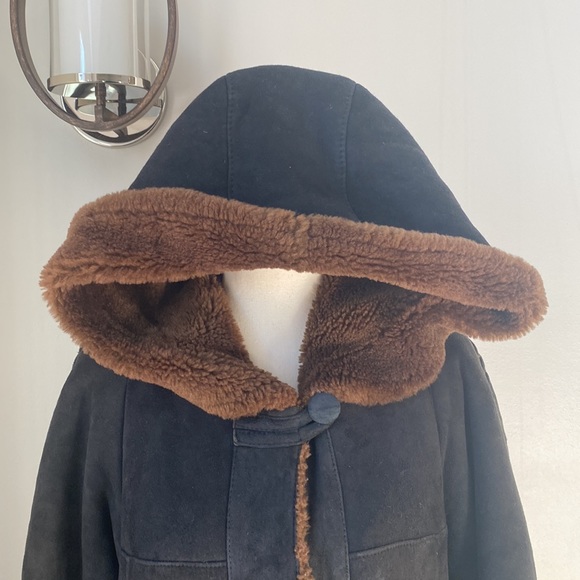 Maxi faux shearling suede winter coat dark academia hooded quiet luxury black - Picture 2 of 11